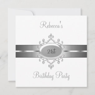 White Silver Jewel 21st Elegant Birthday Party Invitation