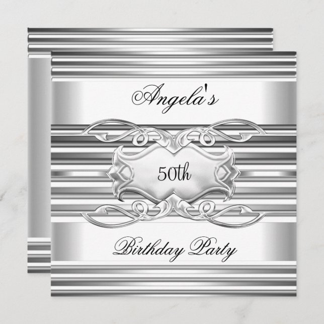 White Silver Jewel 50th Elegant Birthday Party Invitation (Front/Back)