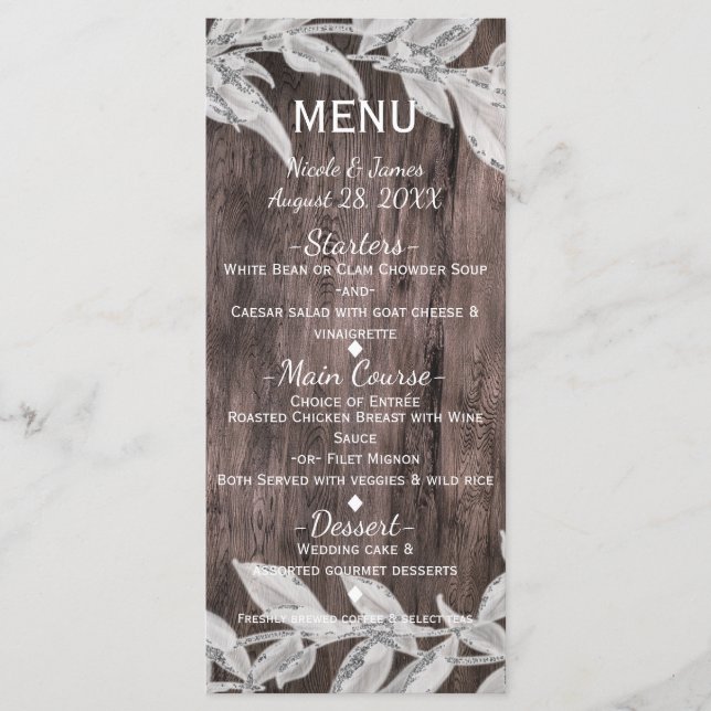 White & Silver Leaves & Rustic Wood Elegant Menu (Front)