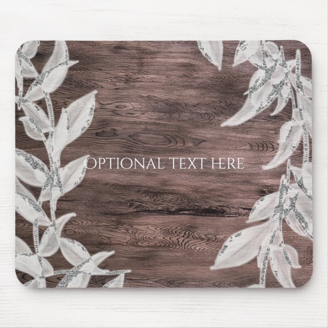 White & Silver Leaves & Rustic Wood Elegant Mouse Pad (Front)