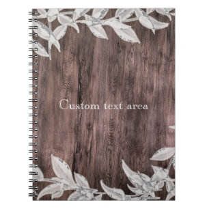 White & Silver Leaves & Rustic Wood Elegant Notebook
