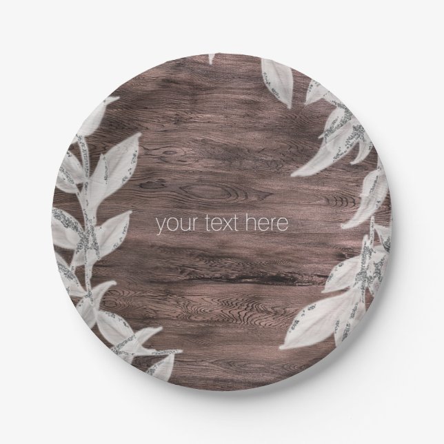 White & Silver Leaves & Rustic Wood Elegant Paper Plate (Front)