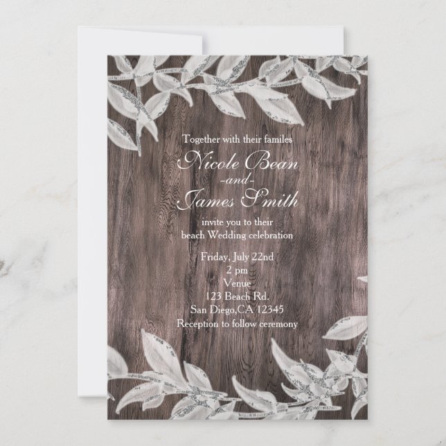 White & Silver Leaves Winter Wedding Rustic Wood Invitation (Front)