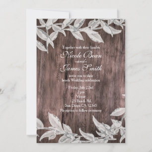 White & Silver Leaves Winter Wedding Rustic Wood Invitation