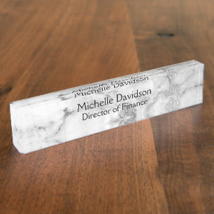 White & Silver Marble Executive Nameplate