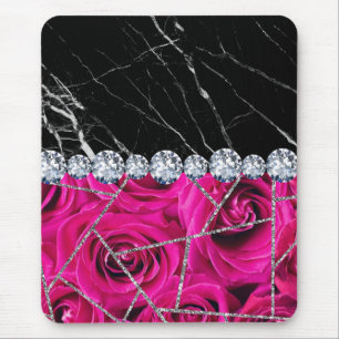 White Silver Marble Rose Black Glitter Mouse Pad