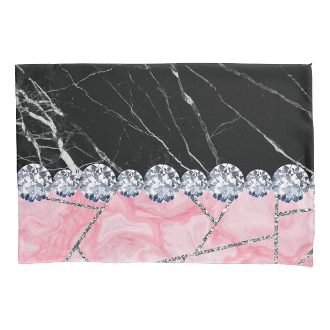 White Silver Marble Rose Black Glitter Pillow Case (Front)