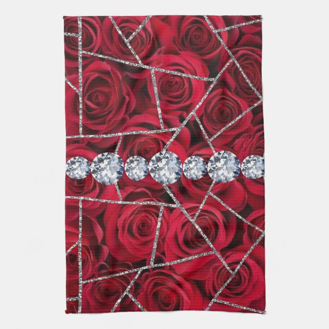 White Silver Marble Rose Black Glitter Tea Towel (Vertical)