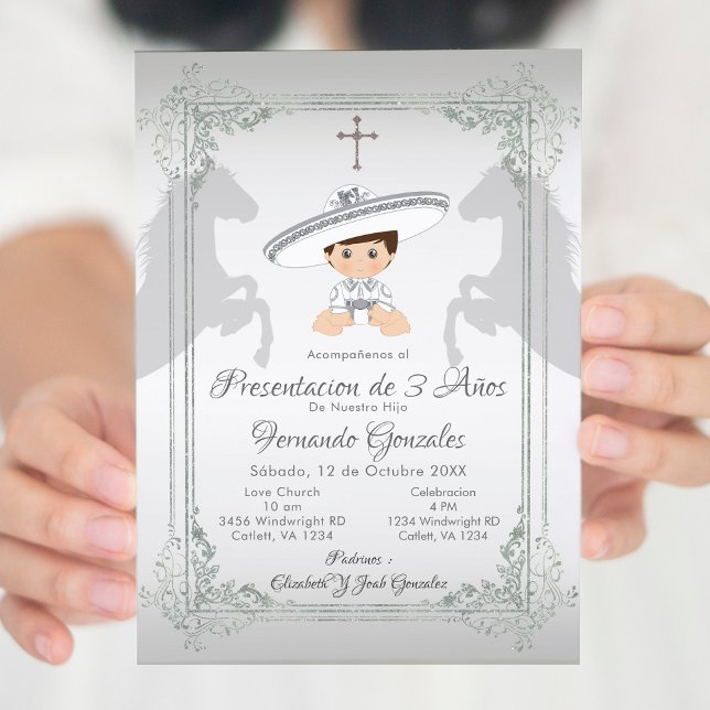 White Silver Mexican Tres Anos Boy   Invitation (Creator Uploaded)