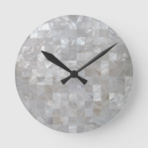 White Silver Mother Of Pearl Print Tiled Round Clock