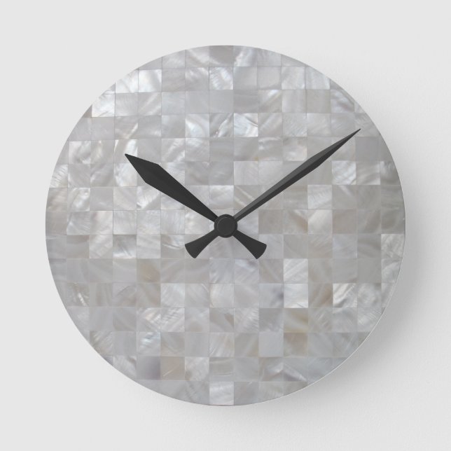 White Silver Mother Of Pearl Print Tiled Round Clock (Front)