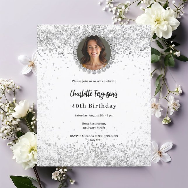 White silver photo diamonds birthday invitation (Creator Uploaded)
