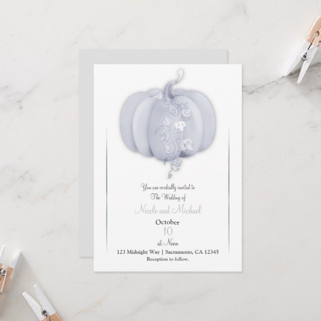 White Silver Pumpkin Storybook Chic Fall Wedding Invitation (Front/Back In Situ)