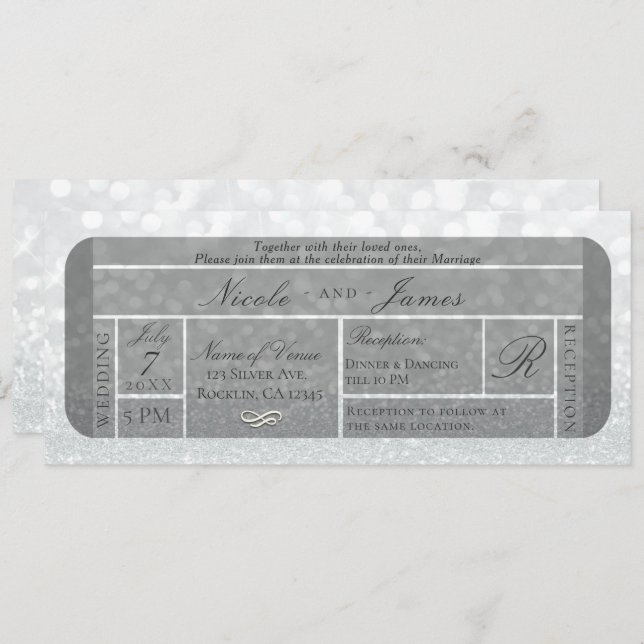 White Silver Sparkle Glitter VIP Ticket Wedding Invitation (Front/Back)