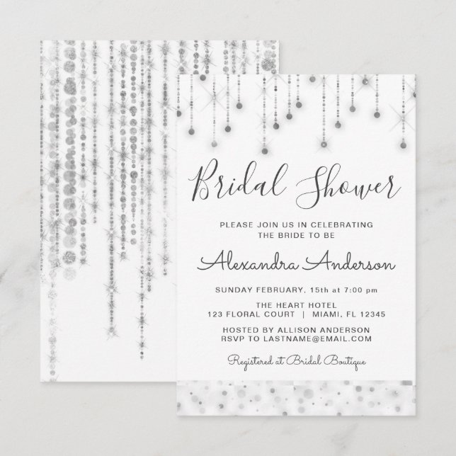 White Silver String Lights Bridal Shower Invitation (Front/Back)