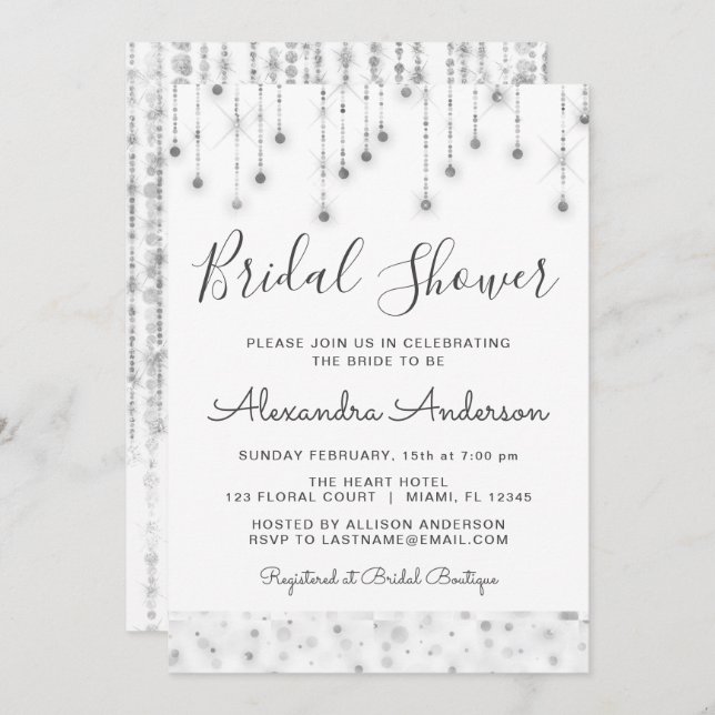 White Silver String Lights Bridal Shower Invitation (Front/Back)