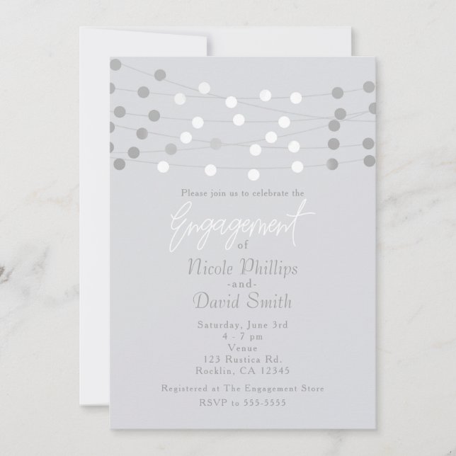 White Silver String Lights Modern Chic Engagement Invitation (Front)
