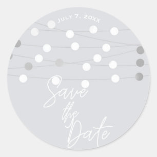 White Silver String Lights Wedding Save the Date Classic Round Sticker