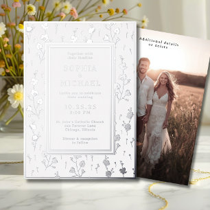 White Silver Wedding Invitation Floral Template