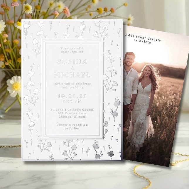 White Silver Wedding Invitation Floral Template (Creator Uploaded)