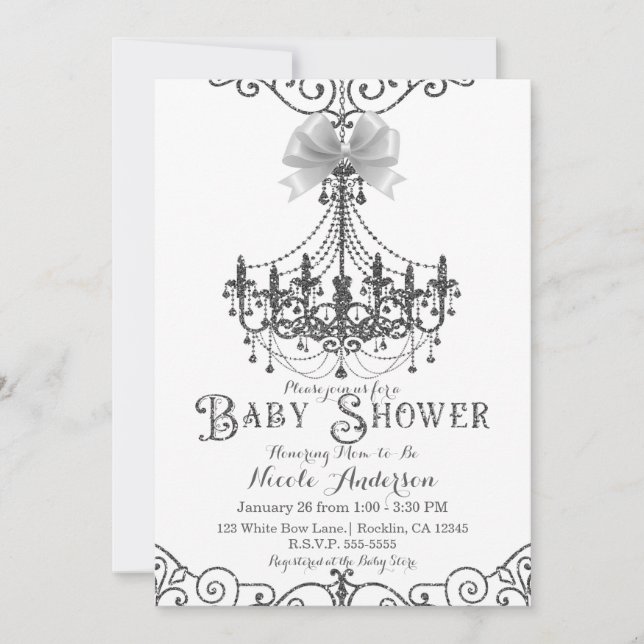 White & Silver White Bow Baby Shower Invitation (Front)