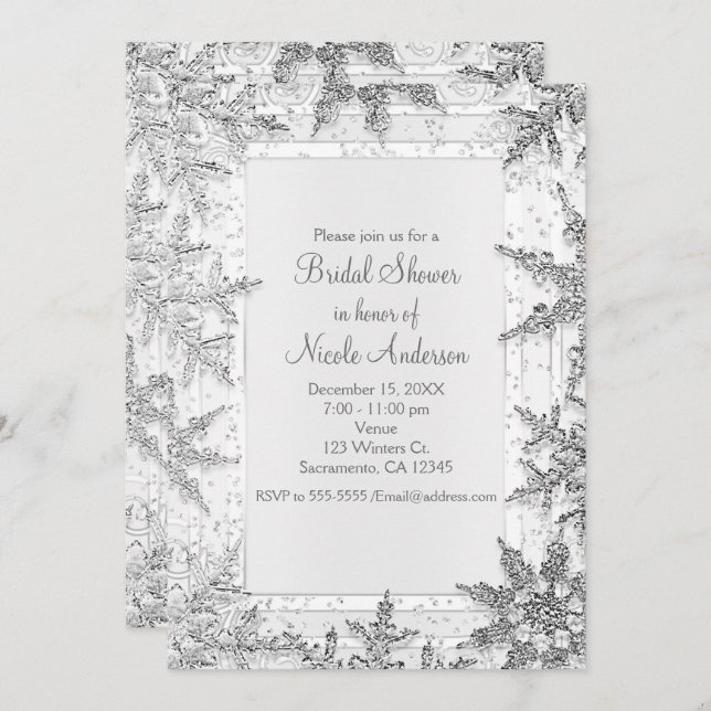 White & Silver Winter Snowflakes Bridal Shower Invitation (Front/Back)
