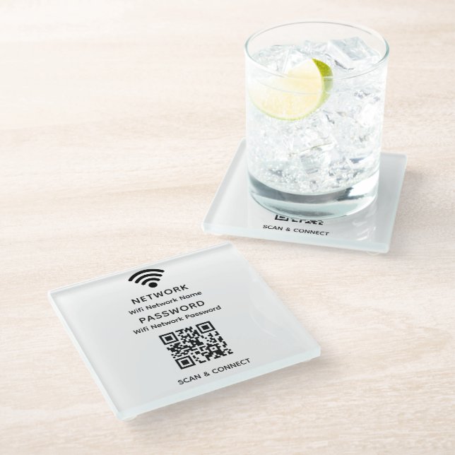 White Simple Elegant Wifi QR Code Network Password Glass Coaster (Angled)