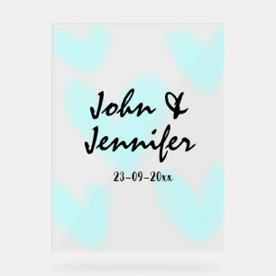white simple minimal text style wedding blue heart acrylic sign
