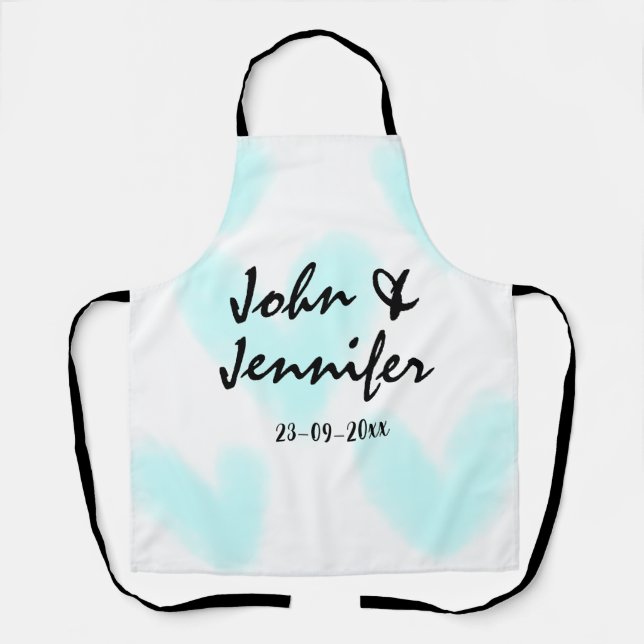 white simple minimal text style wedding blue heart apron (Front)