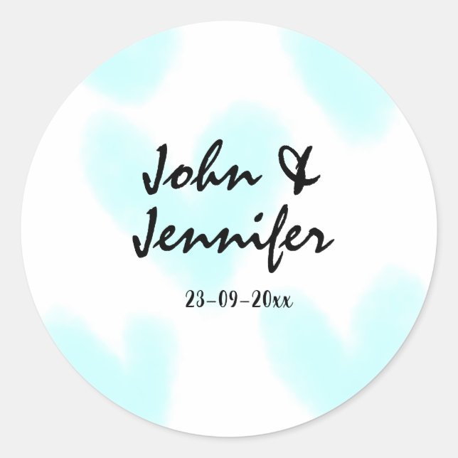 white simple minimal text style wedding blue heart classic round sticker (Front)