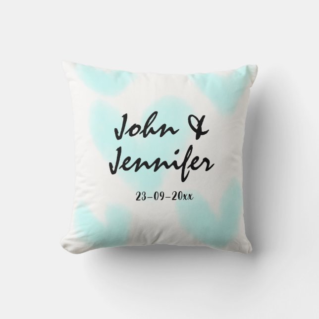 white simple minimal text style wedding blue heart cushion (Front)
