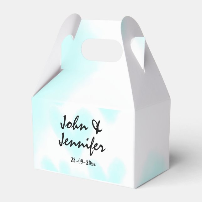 white simple minimal text style wedding blue heart favour box (Front Side)