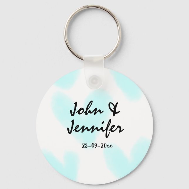 white simple minimal text style wedding blue heart key ring (Front)