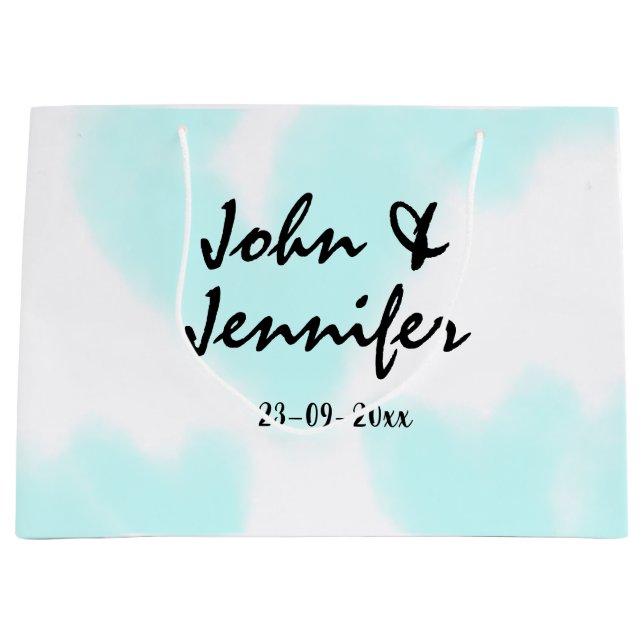 white simple minimal text style wedding blue heart large gift bag (Front)