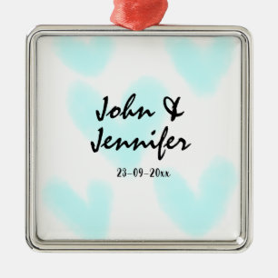 white simple minimal text style wedding blue heart metal ornament