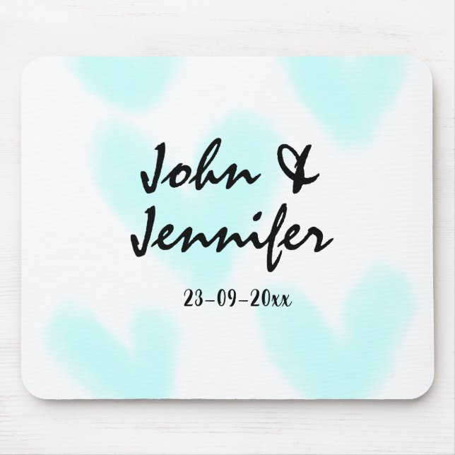 white simple minimal text style wedding blue heart mouse pad (Front)