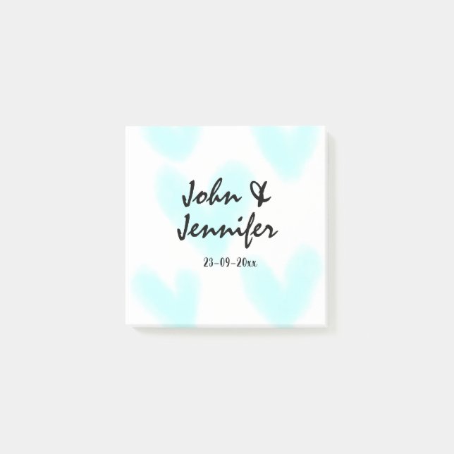 white simple minimal text style wedding blue heart post-it notes (Front)