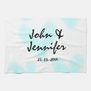 white simple minimal text style wedding blue heart tea towel