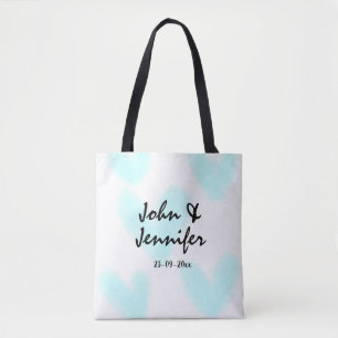 white simple minimal text style wedding blue heart tote bag