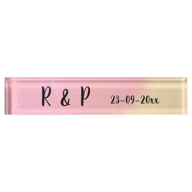 white simple minimal text style wedding pink yello nameplate (Front)