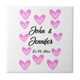 white simple minimal text style wedding pinkheart ceramic tile