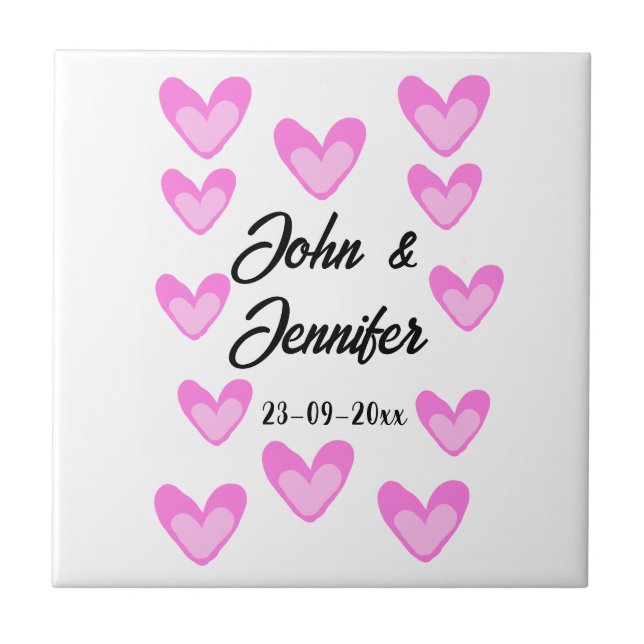 white simple minimal text style wedding pinkheart  ceramic tile (Front)