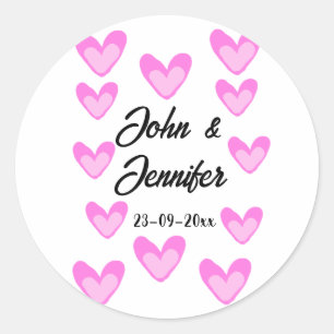 white simple minimal text style wedding pinkheart  classic round sticker