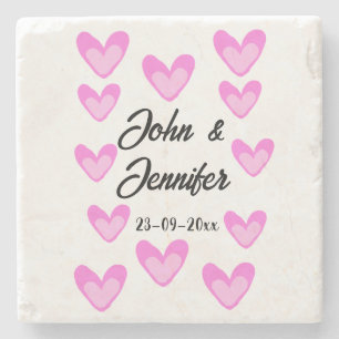 white simple minimal text style wedding pinkheart stone coaster