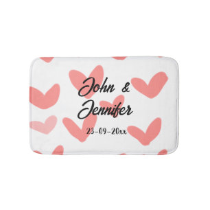 white simple minimal text style wedding red heart bath mat