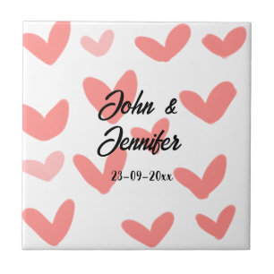 white simple minimal text style wedding red heart ceramic tile