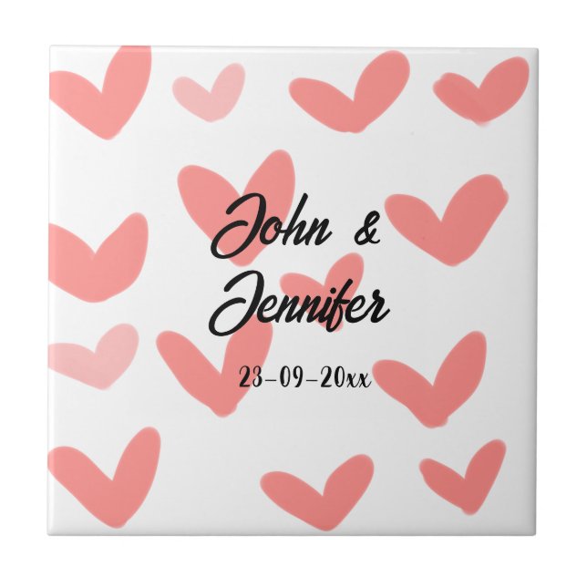 white simple minimal text style wedding red heart  ceramic tile (Front)