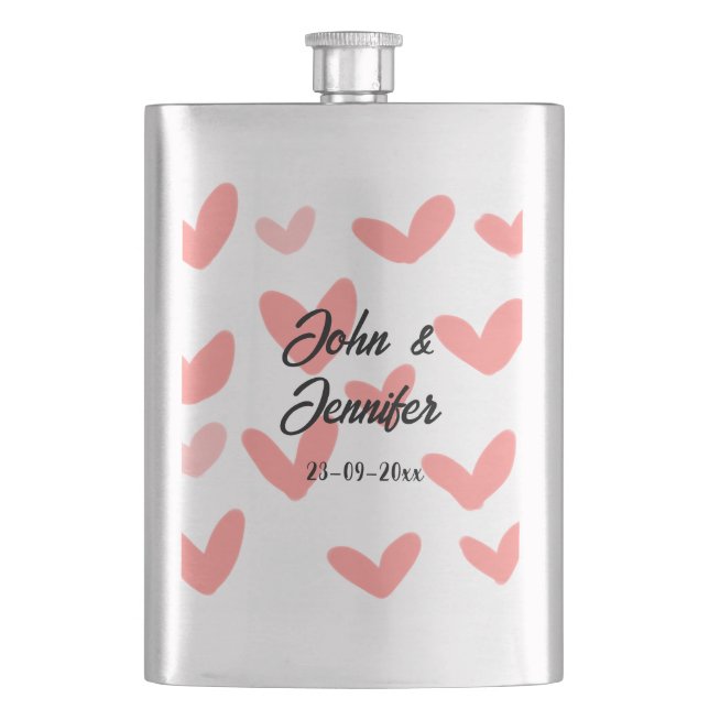 white simple minimal text style wedding red heart  hip flask (Front)