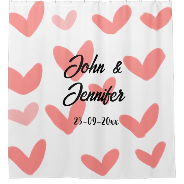 white simple minimal text style wedding red heart  shower curtain (Front)
