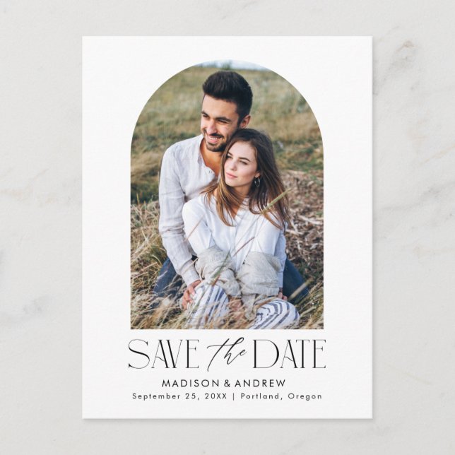 White | Simple Modern Arch Photo Save the Date Announcement Postcard (Front)